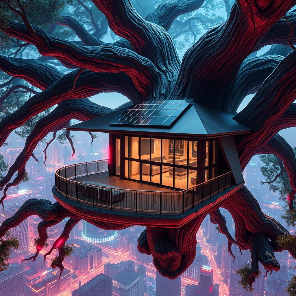 Luxury Treehouse in Futuristic Cyberpunk Style