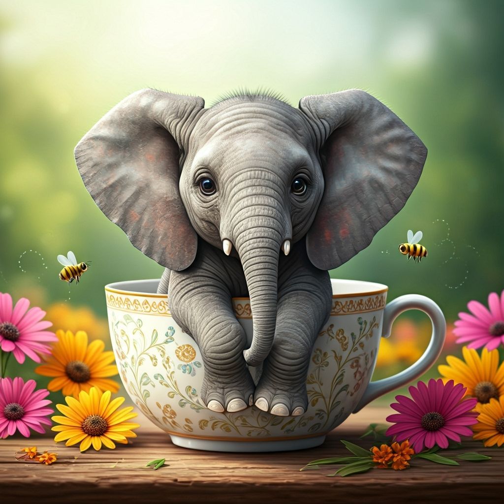 Baby Elephant in Teacup with Flowers and Bees