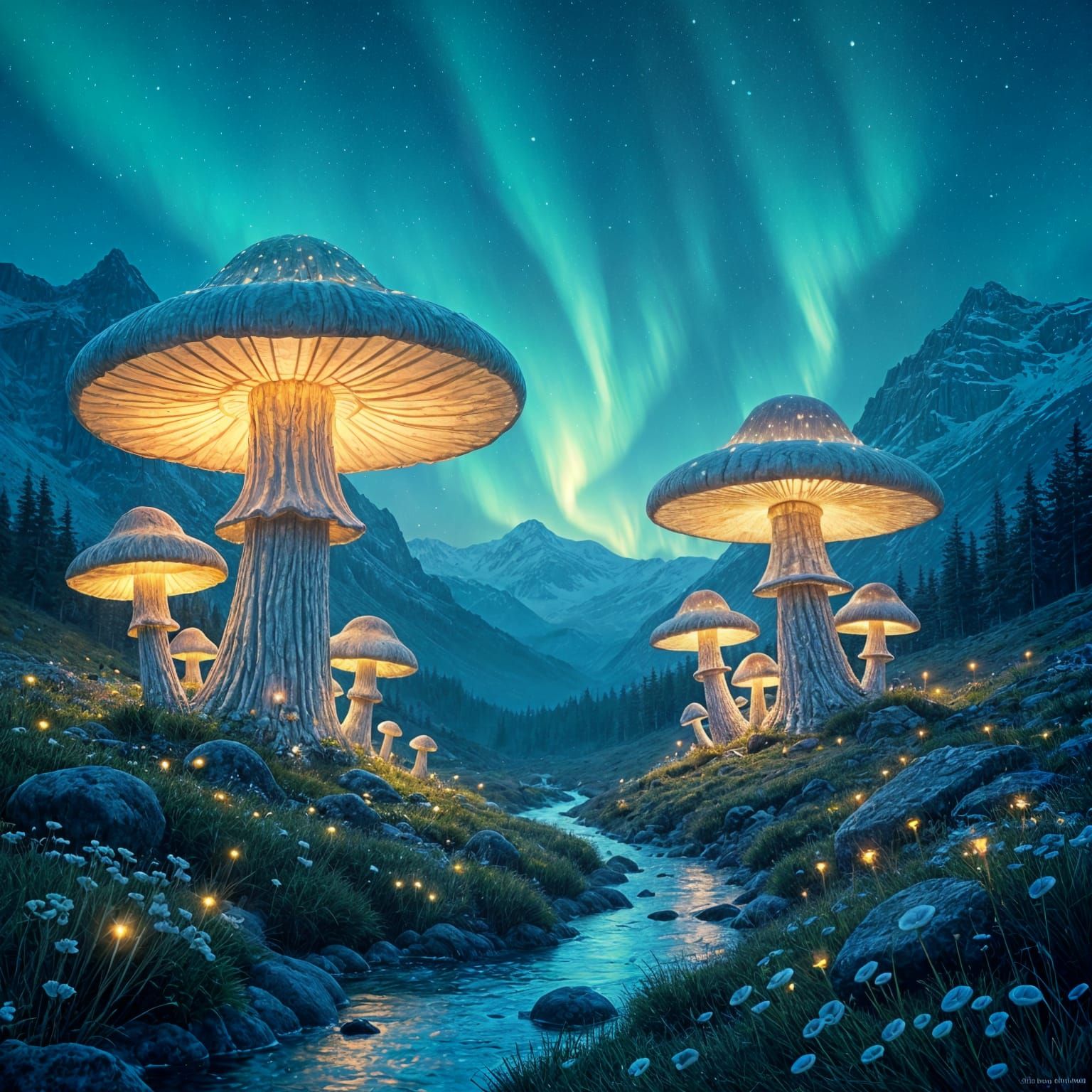 Giant Luminous Mushrooms Under Aurora Borealis