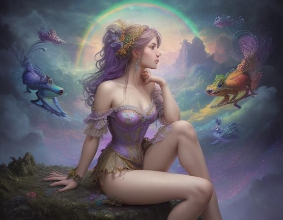 Rainbow Frog on a Cloud: Detailed Fantasy Artwork