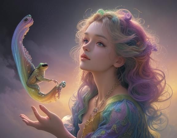 Rainbow Frog on Cloud: Detailed Fantasy Artwork