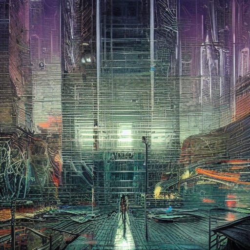 Alien in Cyberpunk City, as Surrealist Oil Painting