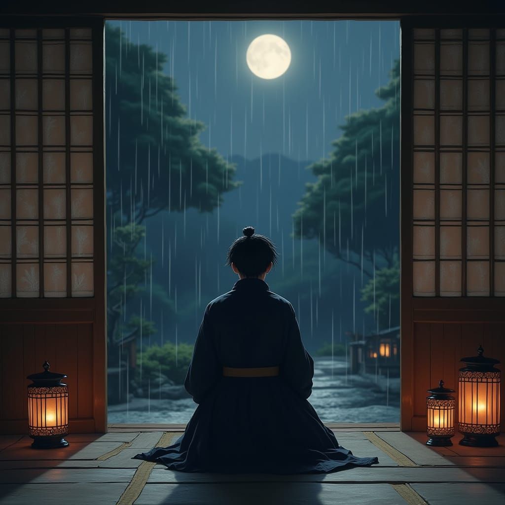 Ninja Contemplates in Moonlit Japanese Garden