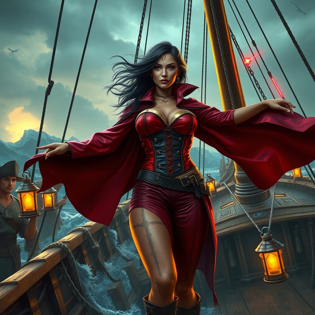 Pirate Queen Commands High Seas Crew in Cyberpunk Fantasy