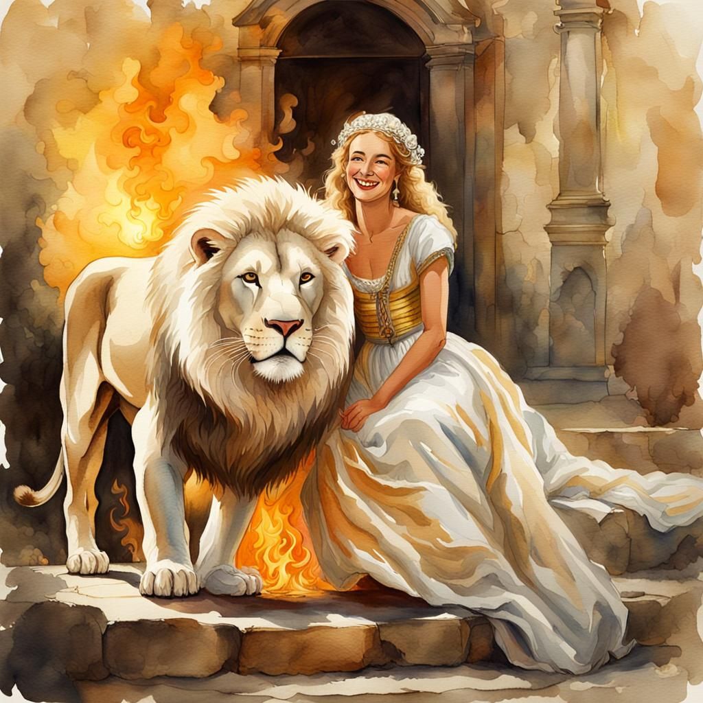 White Lion and Woman in Watercolor Illustration