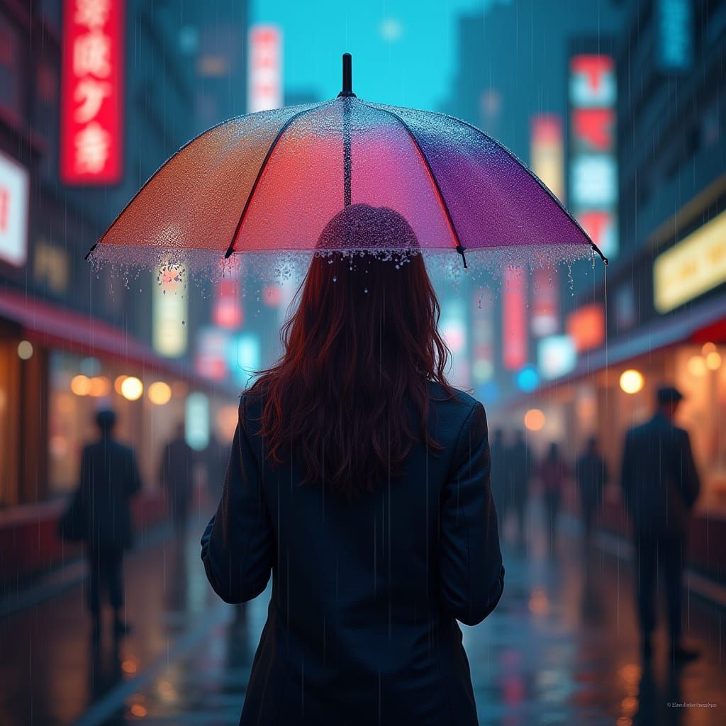Woman With Neon Umbrella in Rainy Cityscape