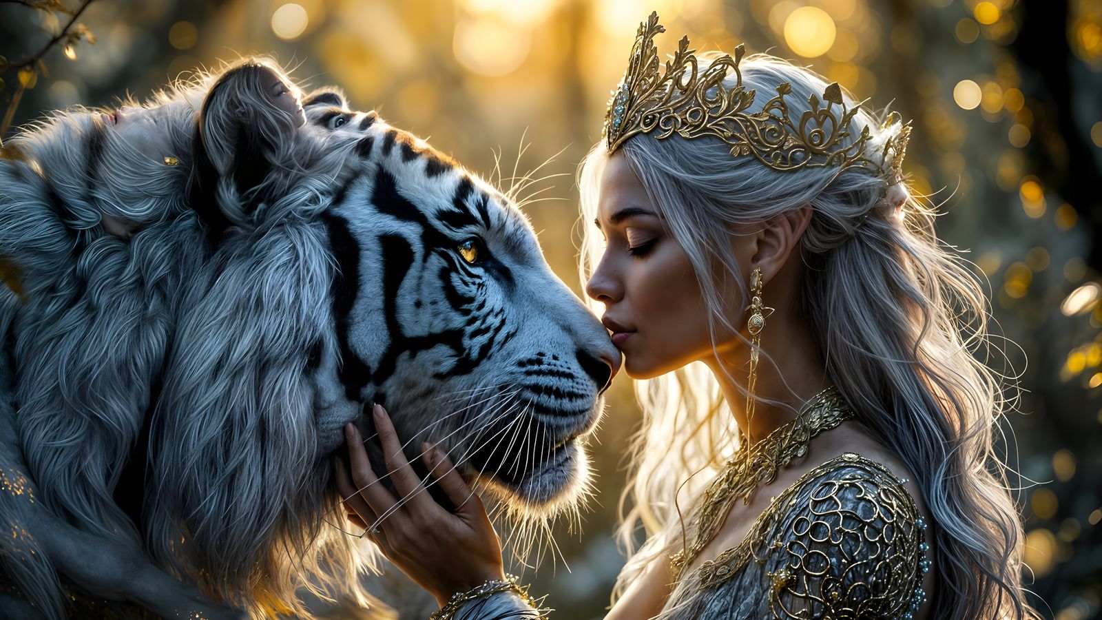 Enchanted Elven Queen and Majestic White Tiger in Golden Twi...