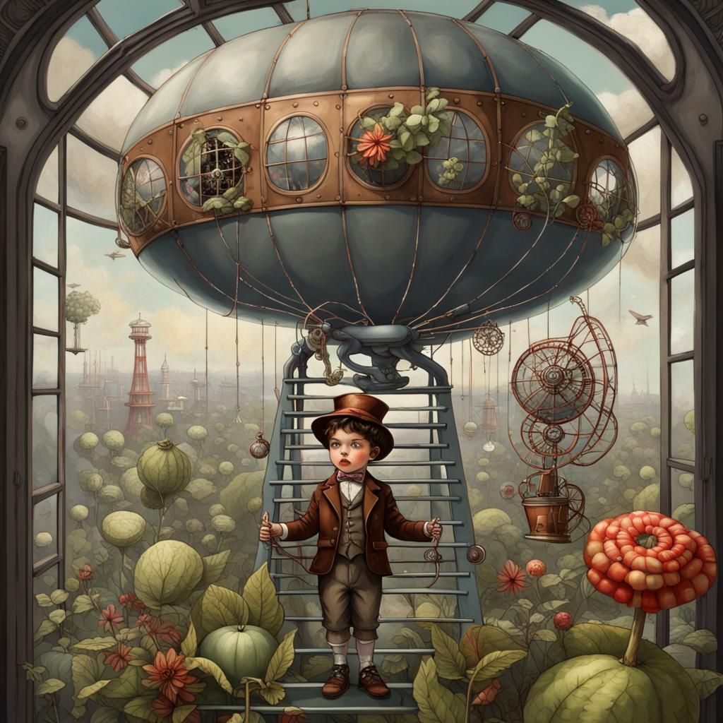 Steampunk Boy Falling into Giant Venus Flytrap