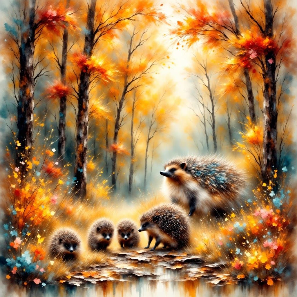 Hedgehog Family Stroll in Impressionistic Forest