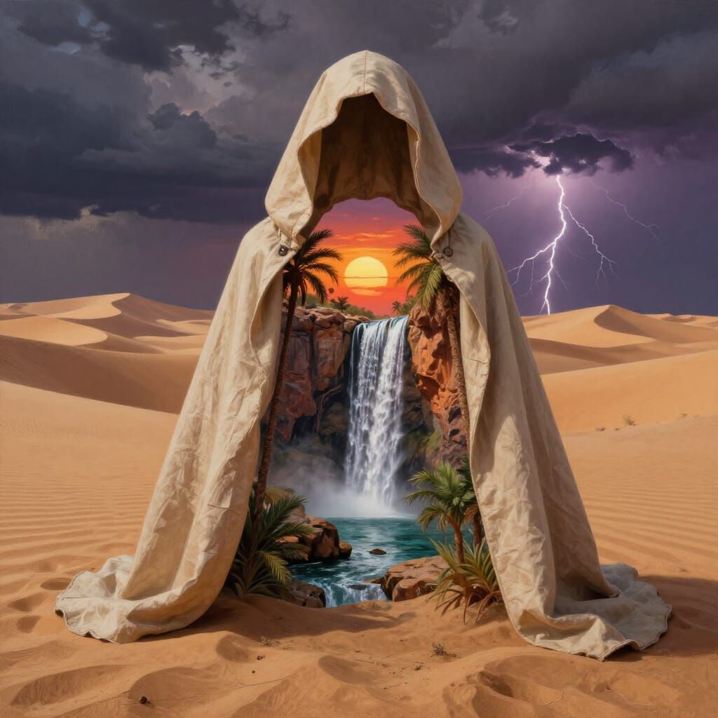Surreal Desert Cloak Hides Waterfall Oasis at Dusk