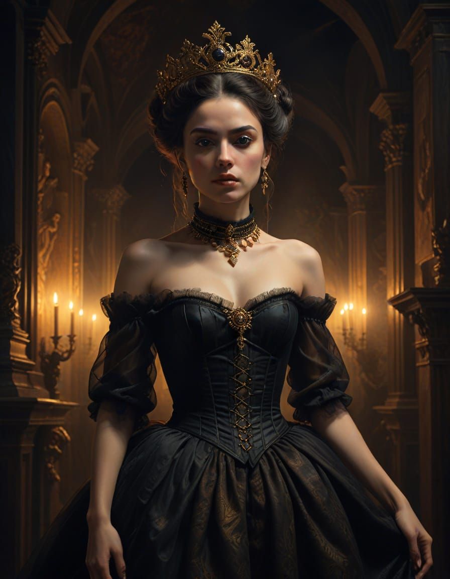 Baroque-Inspired Queen in Dramatic Chiaroscuro Lighting