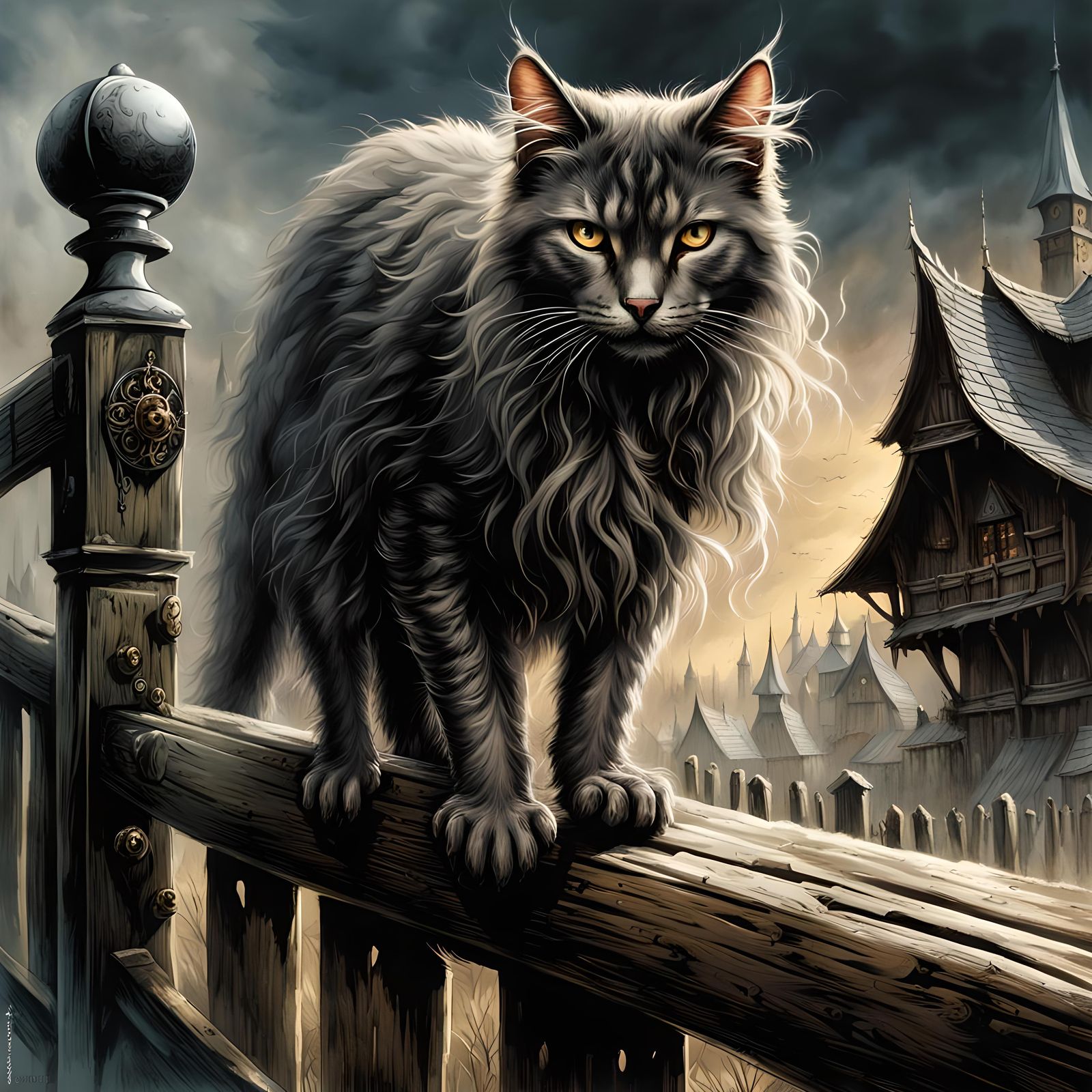 Menacing Feline in Dark Fantasy Medieval Village