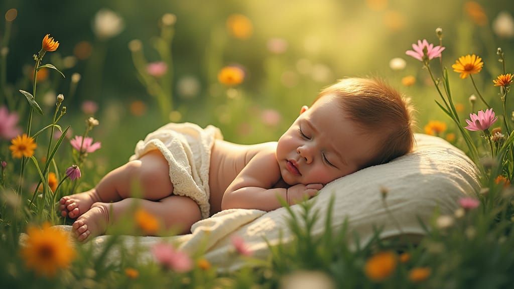 Baby in Meadow, William Morris Inspired Art Nouveau