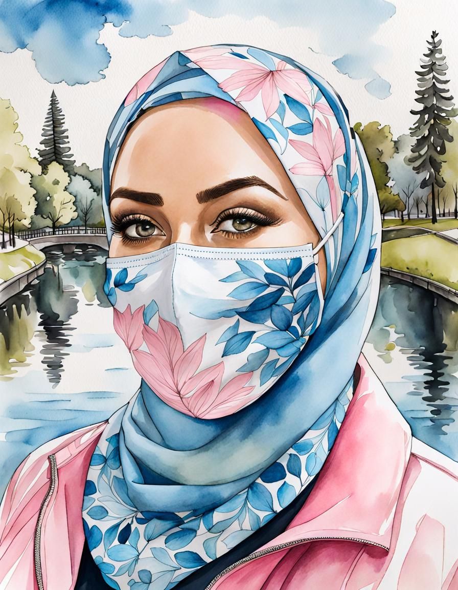 Chubby Woman in Hijab Portrait, Watercolor Ink Drawing
