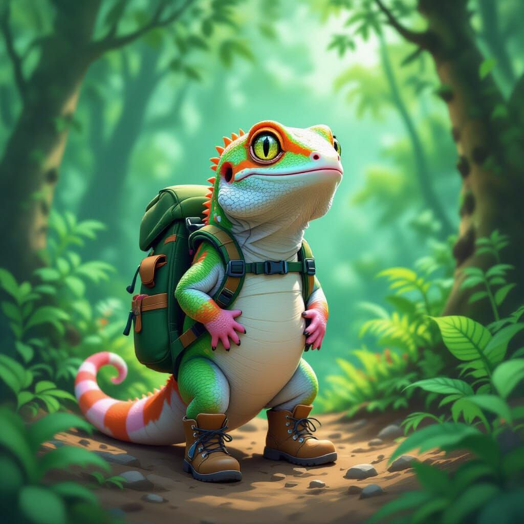Pink Gecko's Forest Adventure in Whimsical Style
