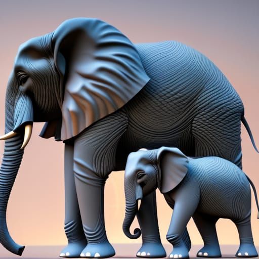 Elephant Mother and Baby Profile in Detailed Matte Painting