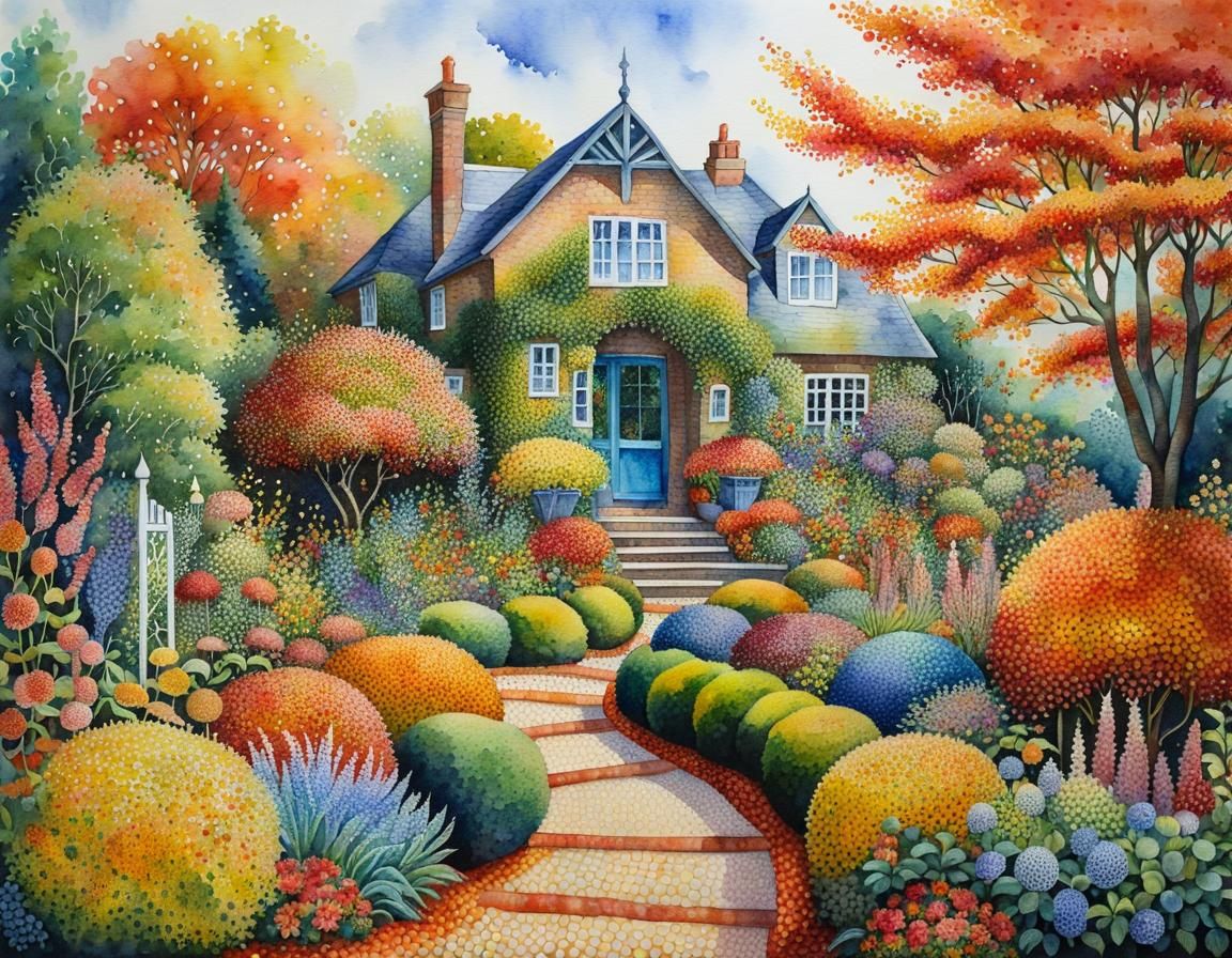 Autumn English Garden in Pointillist Watercolor