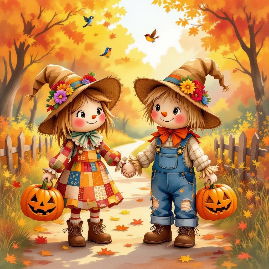 Whimsical watercolor of two cheerful scarecrows with pumpkin...