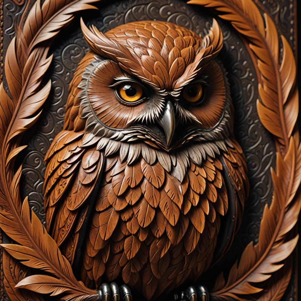 Hyperrealistic Leather Carving of a Wise Old Owl