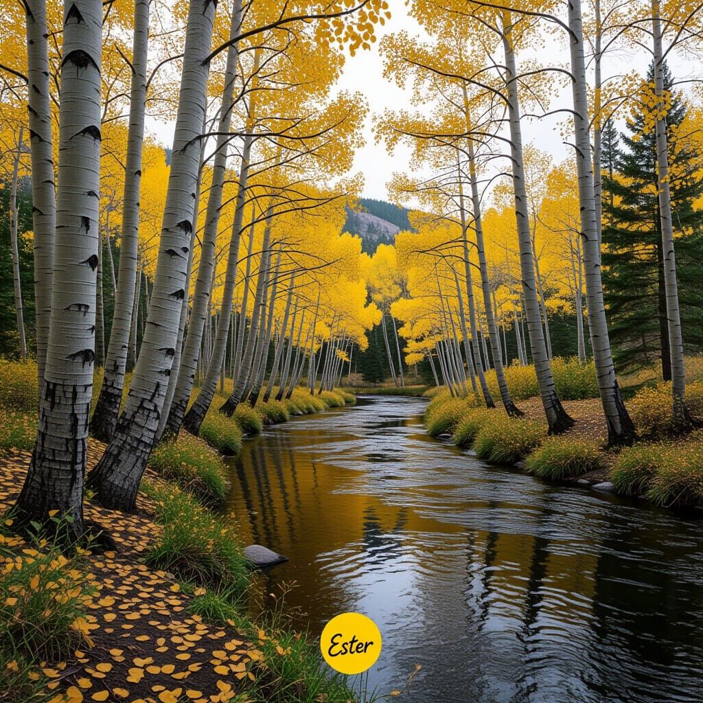 Aspen Grove Beside Reflecting River with Rustic Signature
