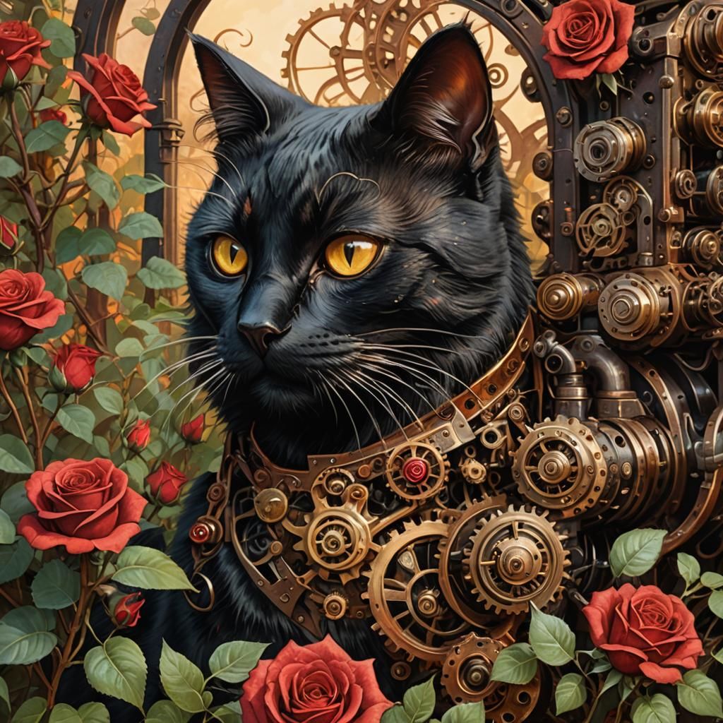 Steampunk Cat in Rose Garden: 8k Oil Painting