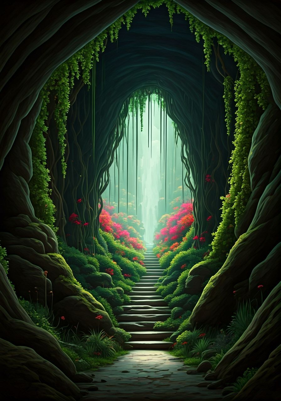 Mystical Cave Entrance Reveals Vibrant Hidden Garden