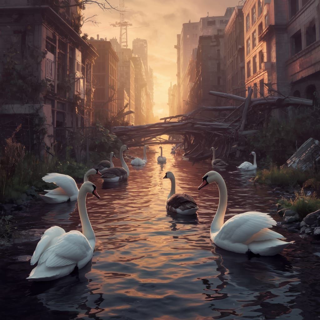 Post-Apocalyptic Cityscape with Swans and Geese in Sunset Hu...