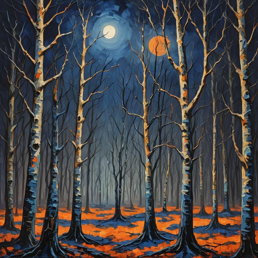 Ominous Forest Under Moonlight in Expressionist Style