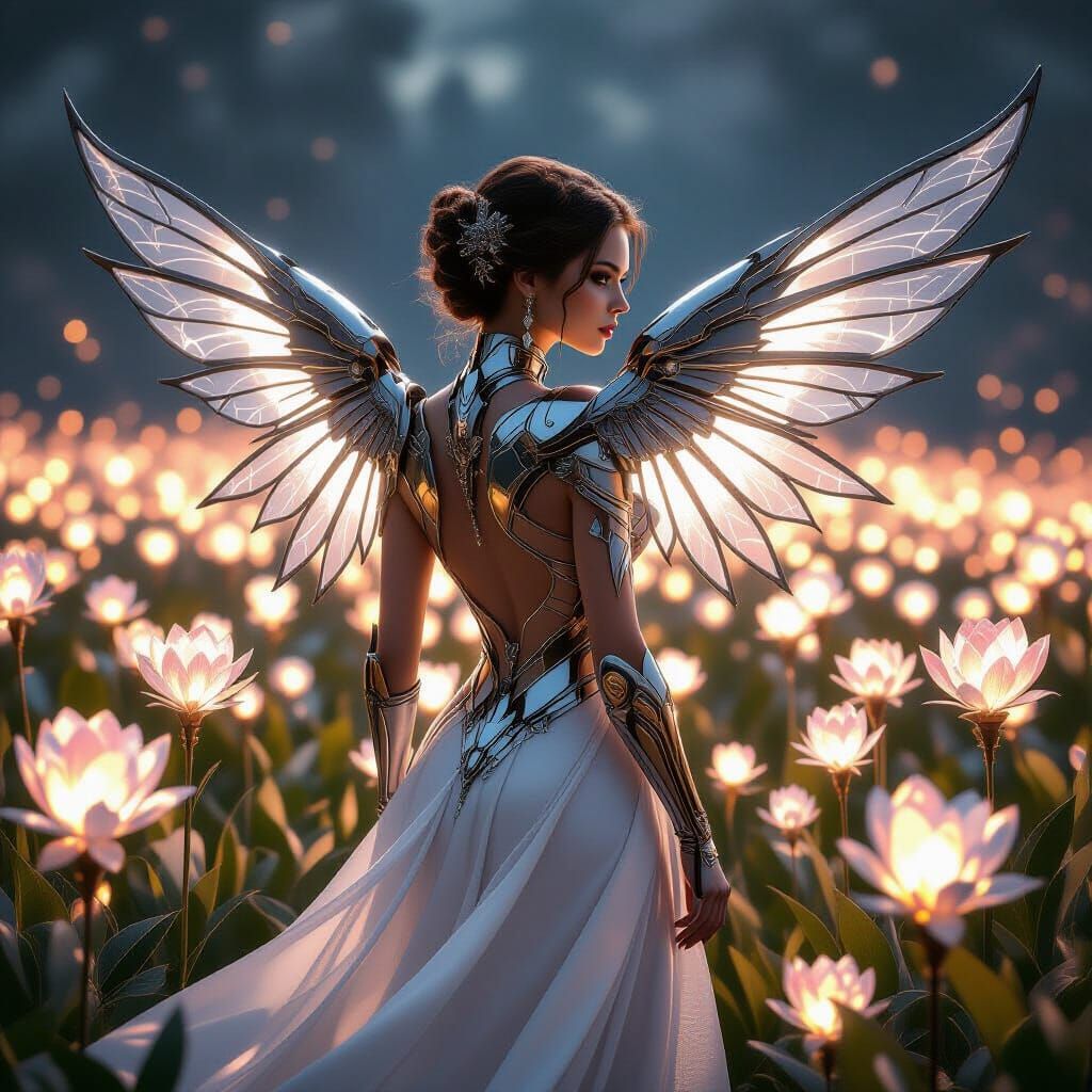 Elegant Woman with Mechanical Wings and Crystal Flowers