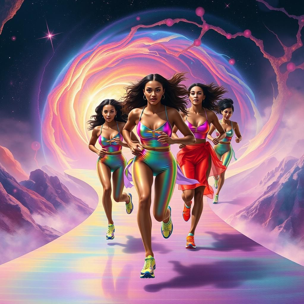 Cosmic Runners in a Hyperrealistic Rainbow Galaxy