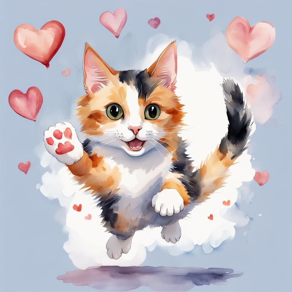 Whimsical Calico Cat Watercolor with Hearts