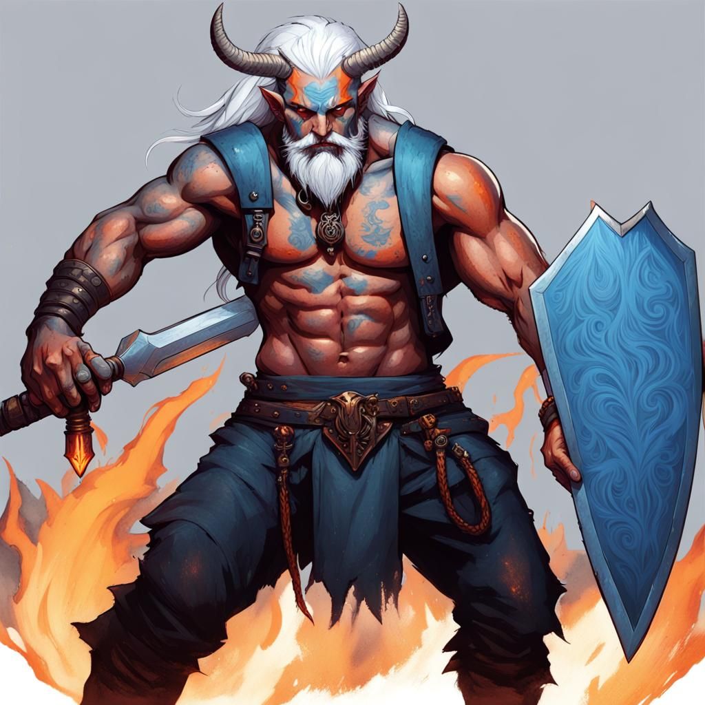Tiefling Barbarian Warrior with Sword and Fiery Hands