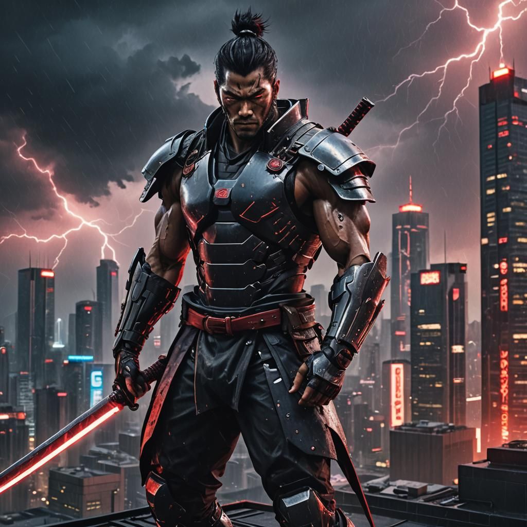 Cyberpunk Samurai Cyborg on Skyscraper Rooftop