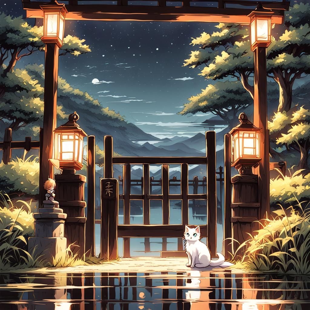 Kitten Behind Tori Gate in Anime Style