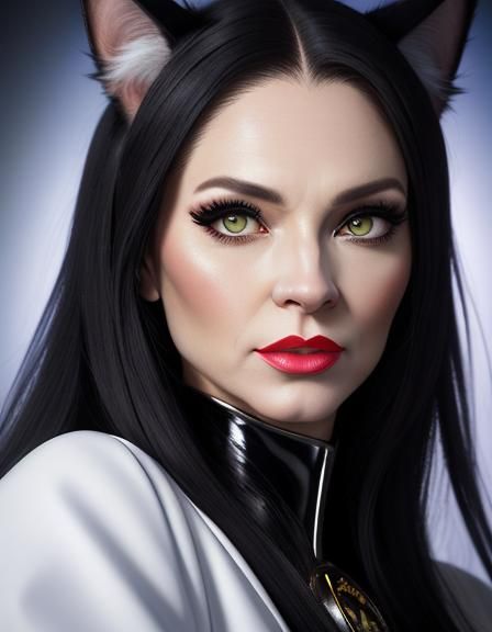 A cat woman with cat head,face and eyes dressed in extravaga...