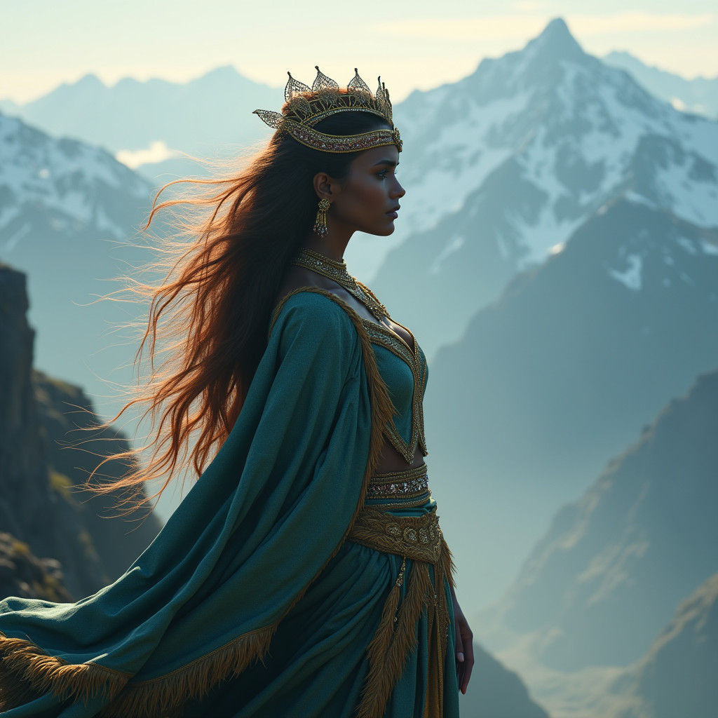 Regal Woman on Windswept Mountain Peak