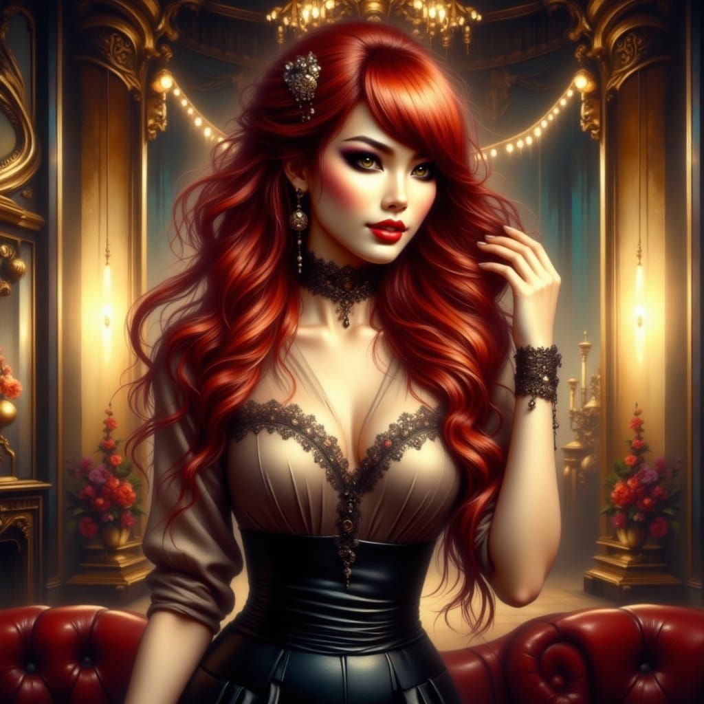 Confident Auburn-Haired Woman in Classy Lounge, Anime Style