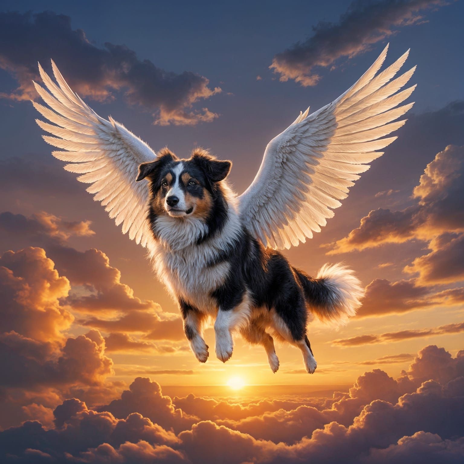 Australian Shepherd Angel Soaring Through Vibrant Sunset Sky