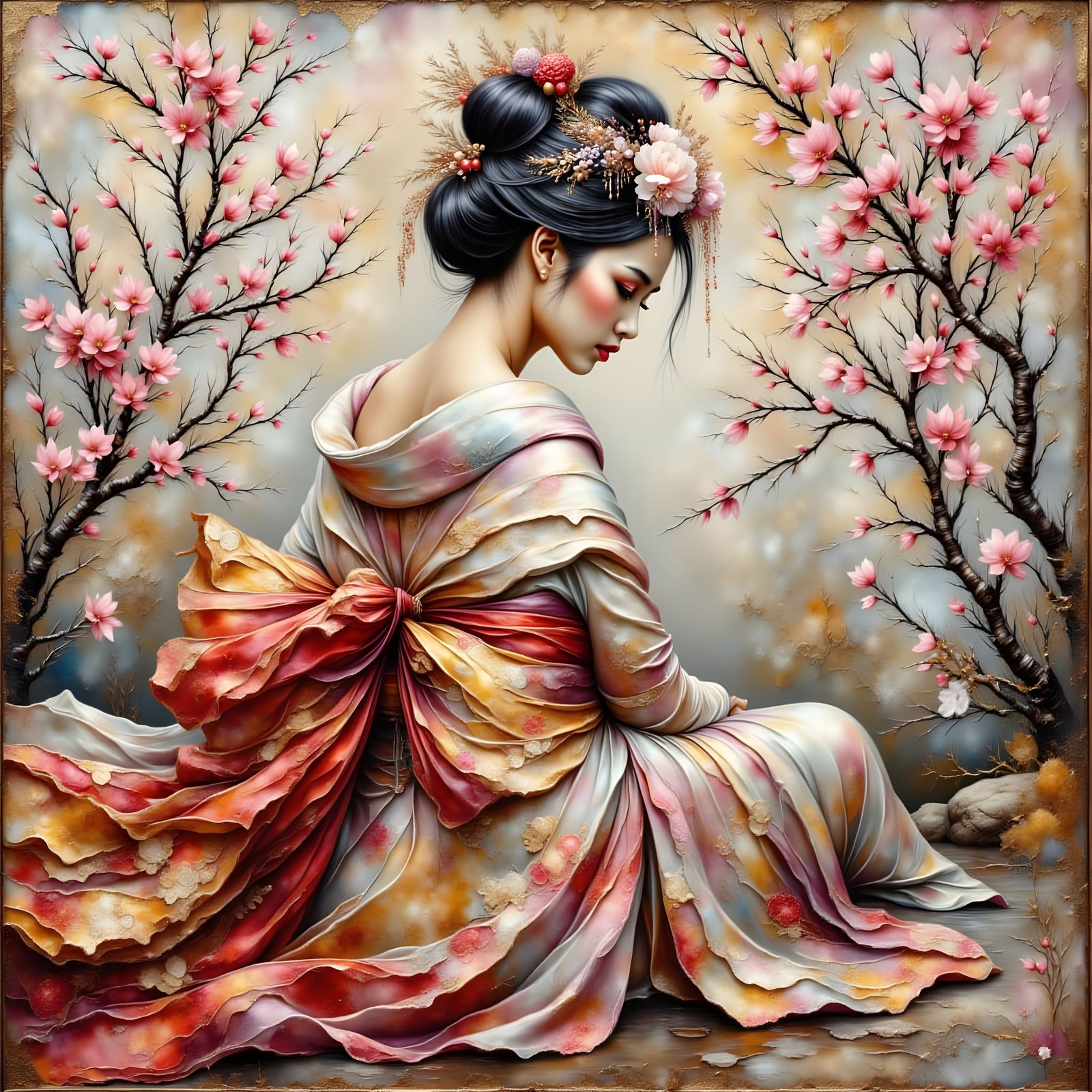 Geisha in Unique Kimono with Cherry Blossoms