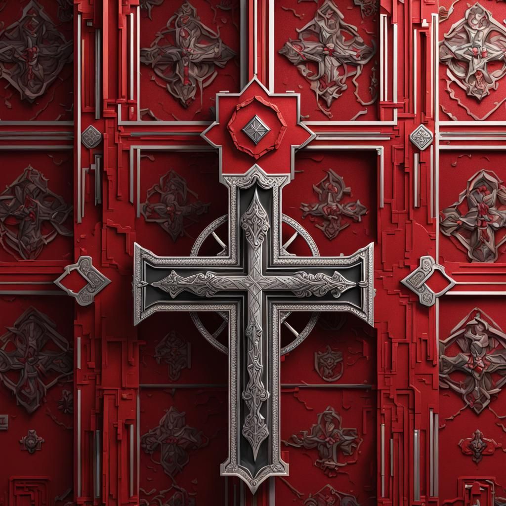 Silver Geometric Cross on Red Wall: Matte Painting