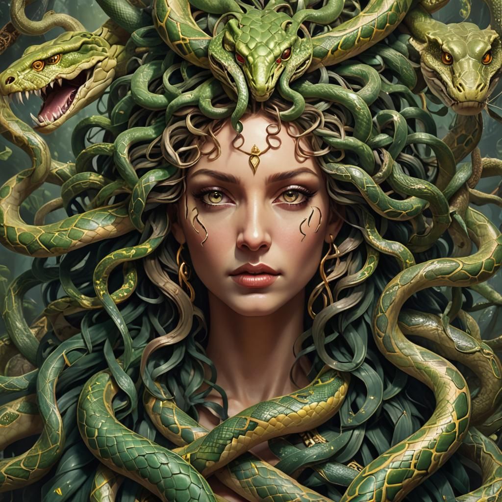 Medusa's Snake Portrait: Epic Maximalist Fantasy Art