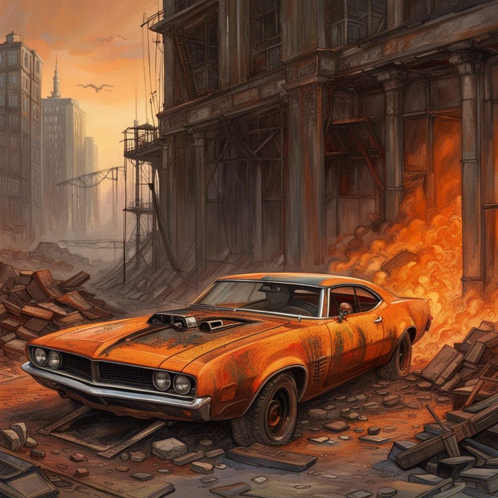 Burning Cityscape: Rusty Car in Oil Painting Style