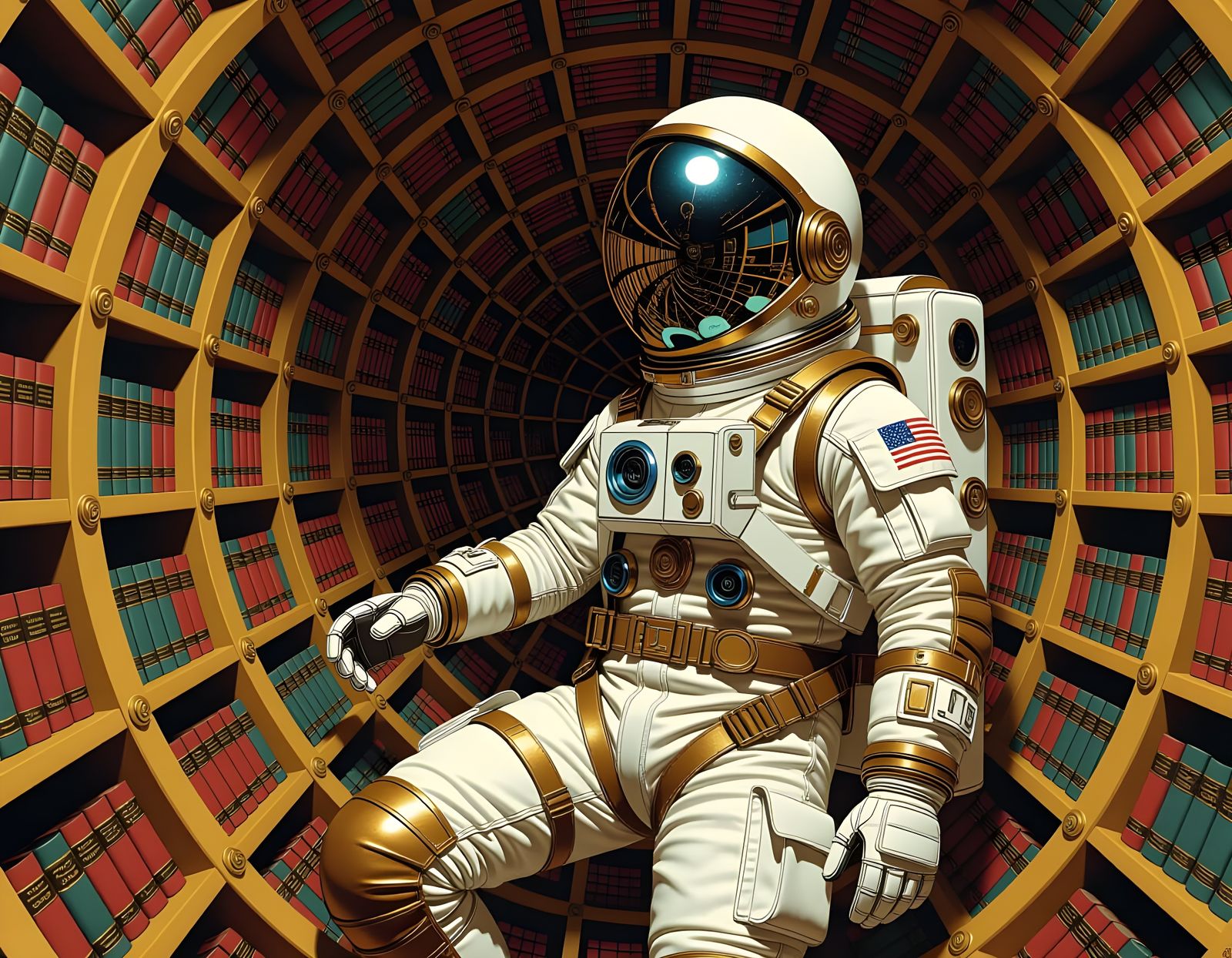 Retro-Futuristic Spaceman in Infinite Library