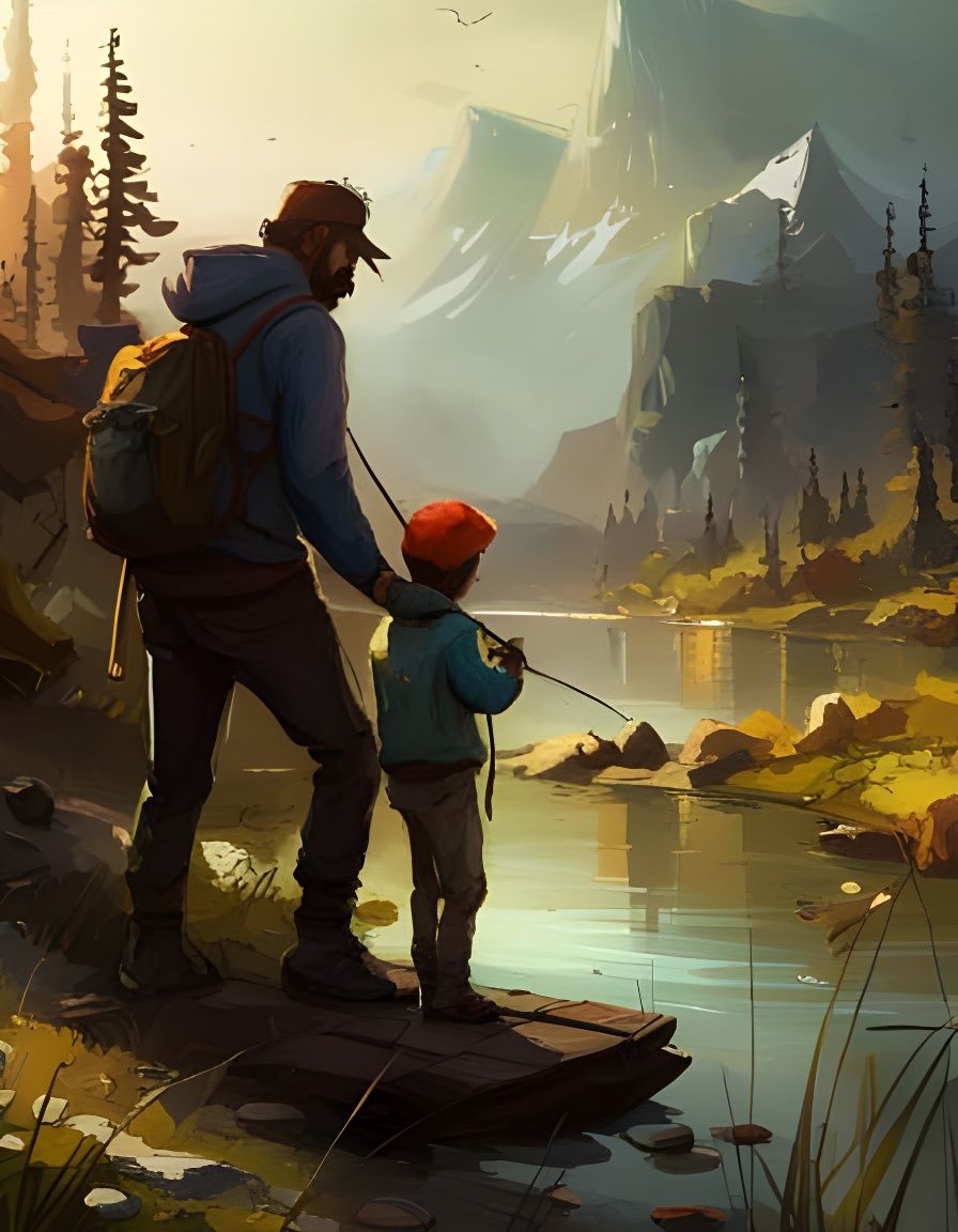 Father and Son Fishing: Watercolor Storybook Illustration