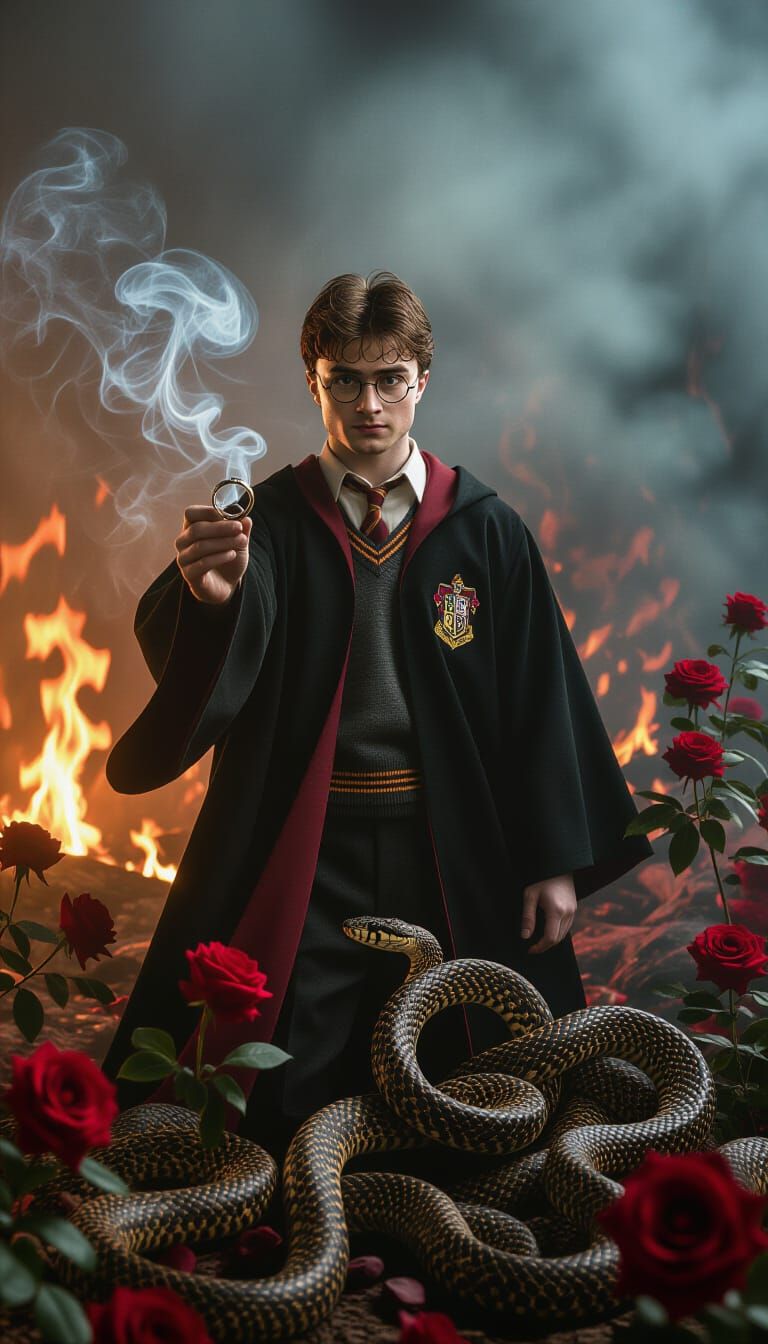 Harry Potter in a Hellish Landscape, Dark Fantasy Style