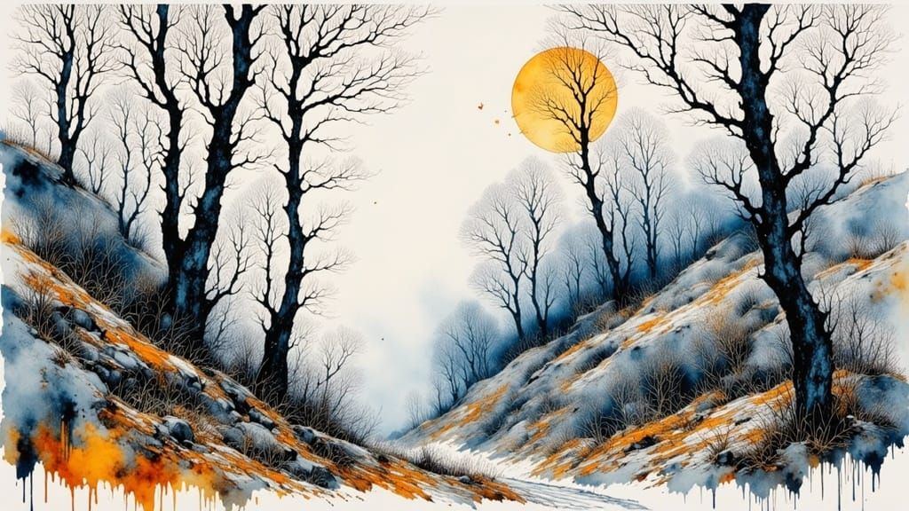 Ethereal Autumn Scene in Vibrant Blue Ink