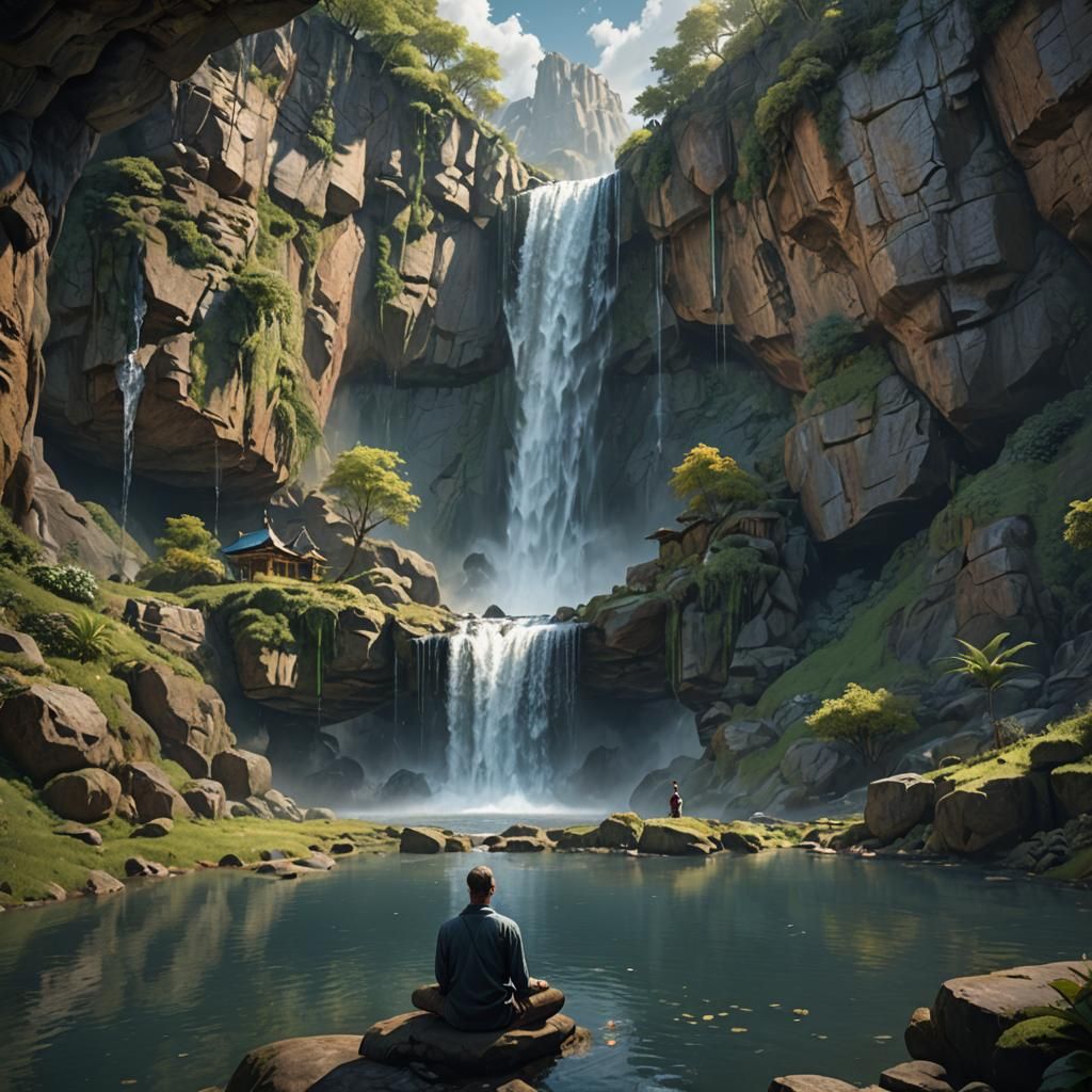 man meditating in the waterfall on a cliff.