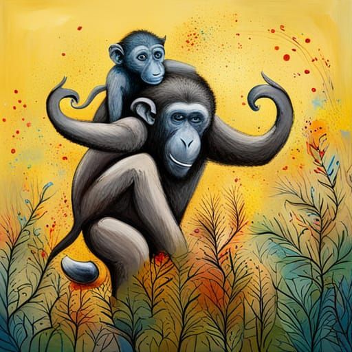 Monkeys Fighting on Elephant in Abstract Art