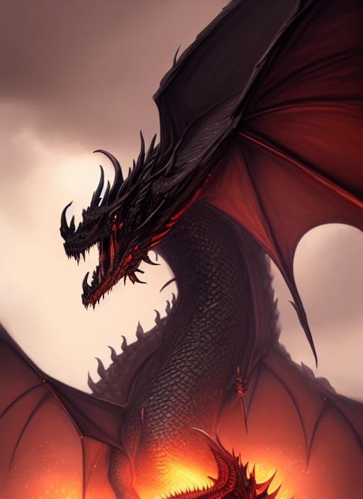Majestic Dark Dragon on Gold Pile: Fantasy Art