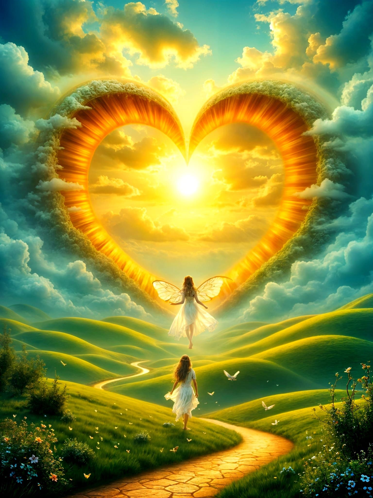 Golden Heart Portal to Fantasy World with Unicorns and Butte...